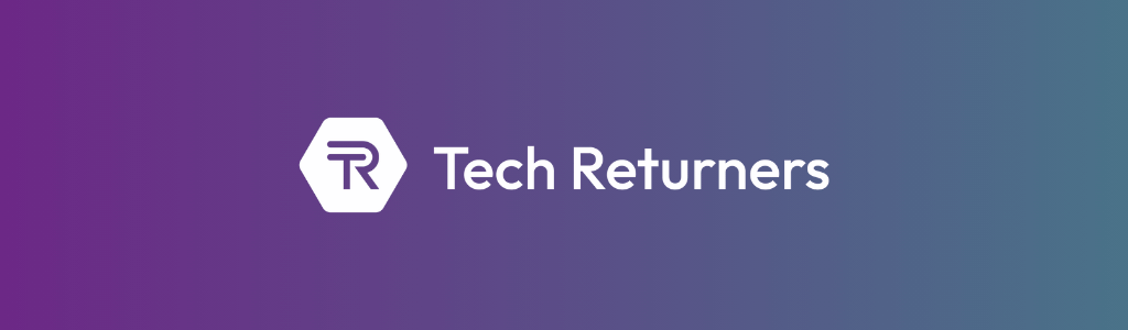 Tech Returners logo on purple to teal background
